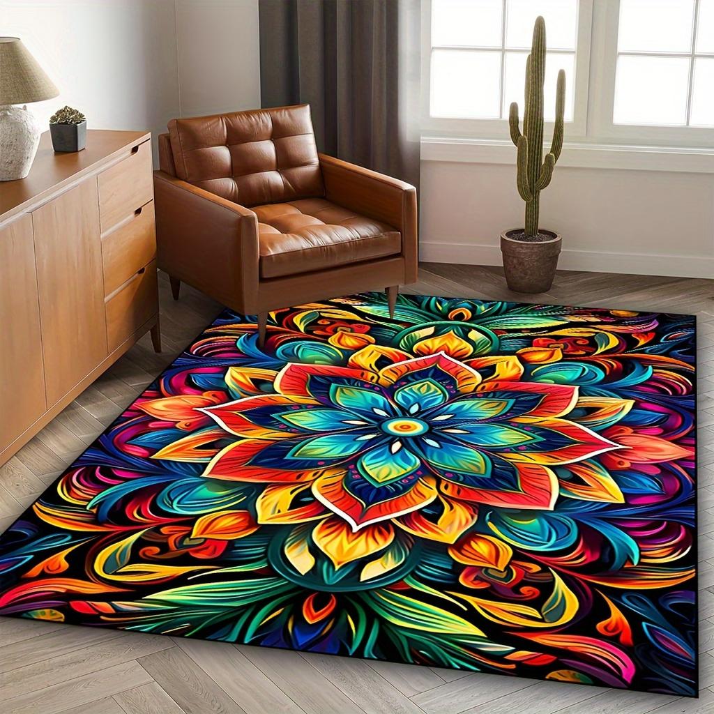 Vintage Mandala Flower Rug - Washable Polyester Indoor/Outdoor Mat, Non-Slip Bohemian Decor for Bedroom & Living Room