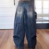Wide Leg Pants Women Vintage Denim Jeans Punk Style Loose Trousers Stretch Mid Waist Washed Distressed