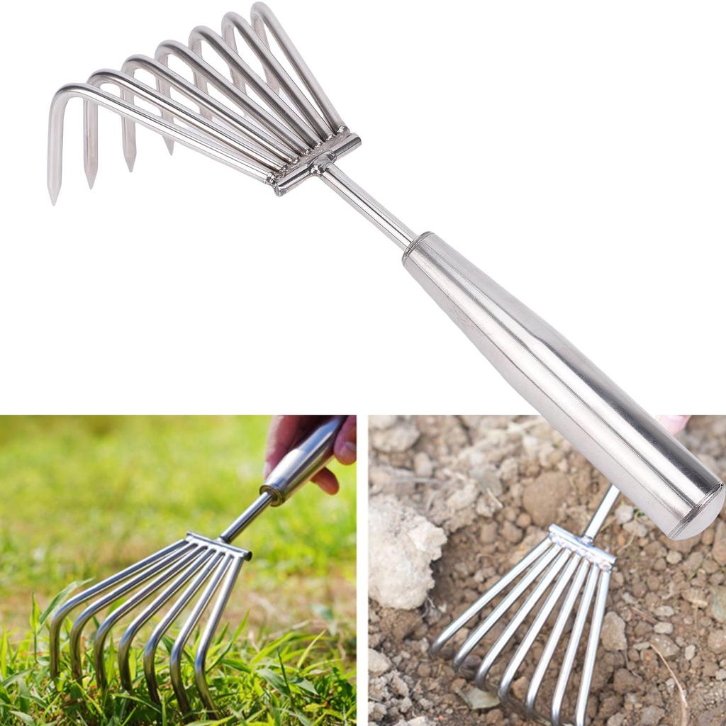 Hand Rake Cultivator Claw Soil Tiller, Stainless Steel Garden Tool Rakes with 7 Tines, Small Beach Rake for Gardening Cultivating Loosening Weeding D