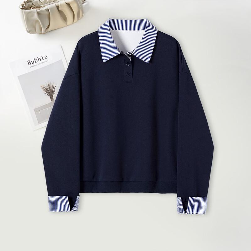 Women s Striped Lapel Faux Two-Piece Sweatshirt M