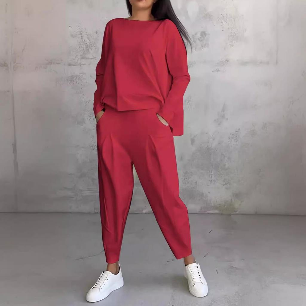 2025 Women's Solid Color Round Neck Long-Sleeve Top and Pocket Pants Suit