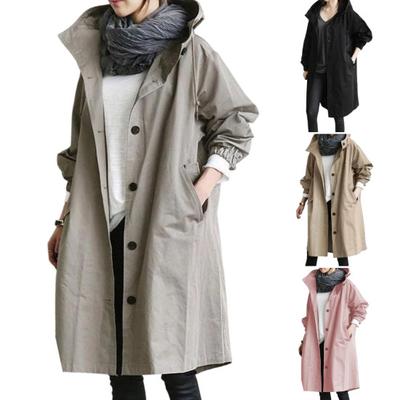Women Windbreaker Hooded Button-down Loose Pure Color Coat Long Sleeves Knee Length with
