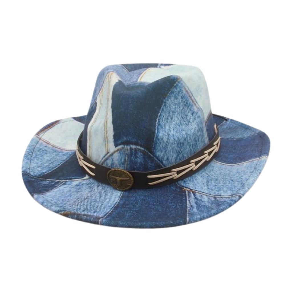 Jean Print Cowgirl Hat for Women Men Stylish Leather Belt Wide Brim Western Caps for Party, Wedding Outdoor Panama Jazz Hats