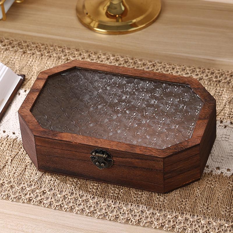 Jewelry Organizer with Wooden Base & Glass Lid - Dustproof Display for Earrings, Bracelets & Ornaments