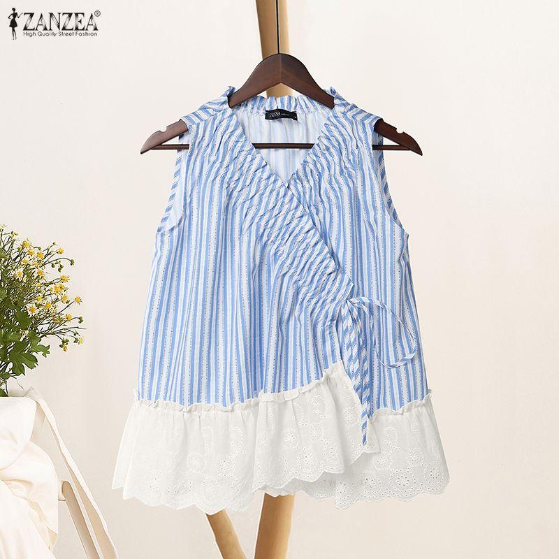 ZANZEA Women V Neck Sleeveless Pleated Striped Lace Hem Casual Tank Tops