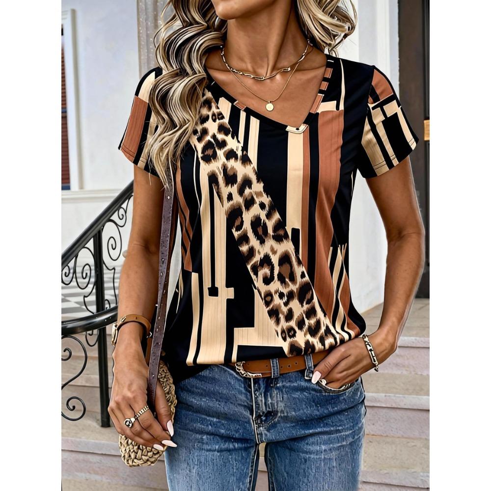 New Summer Fashion Elegant V-Neck Leopard Print Abstract Geometric Patchwork Casual Short-Sleeve Women S T-Shirt S