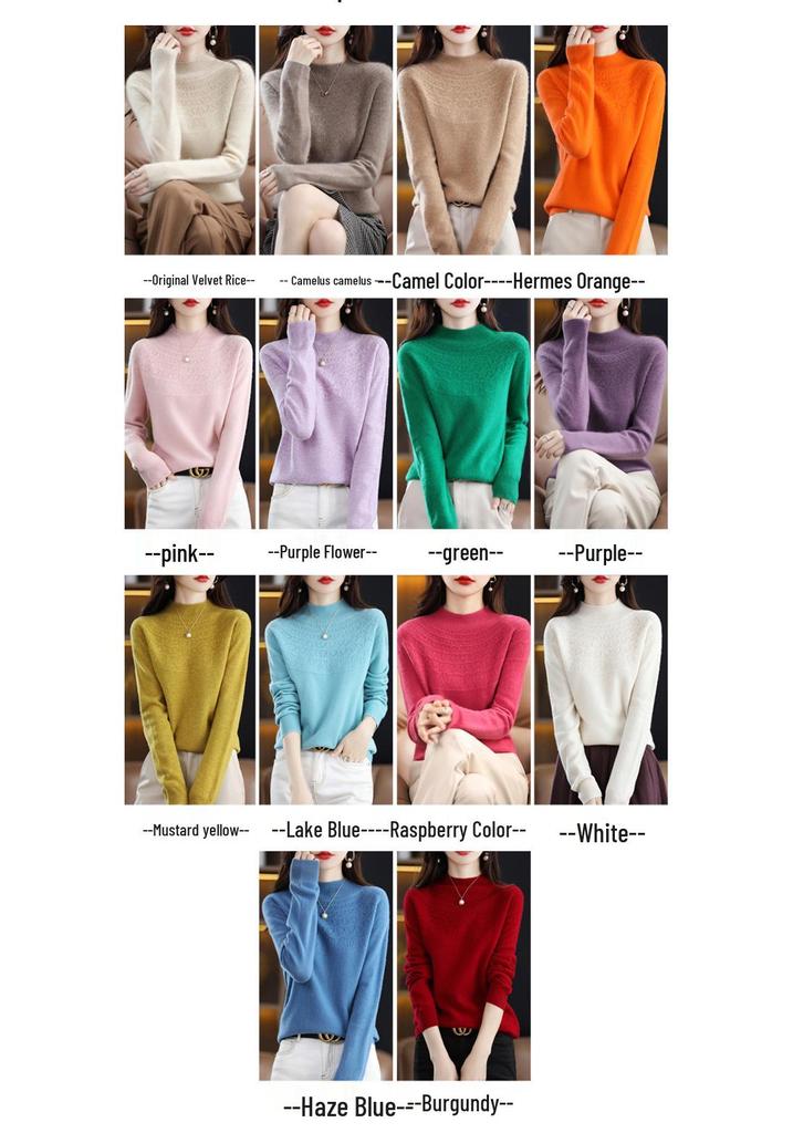 Women's 100% Wool Slimming Cashmere Knit Sweater - Half High Neck, Seamless, Hollow Out Design for Autumn/Winter