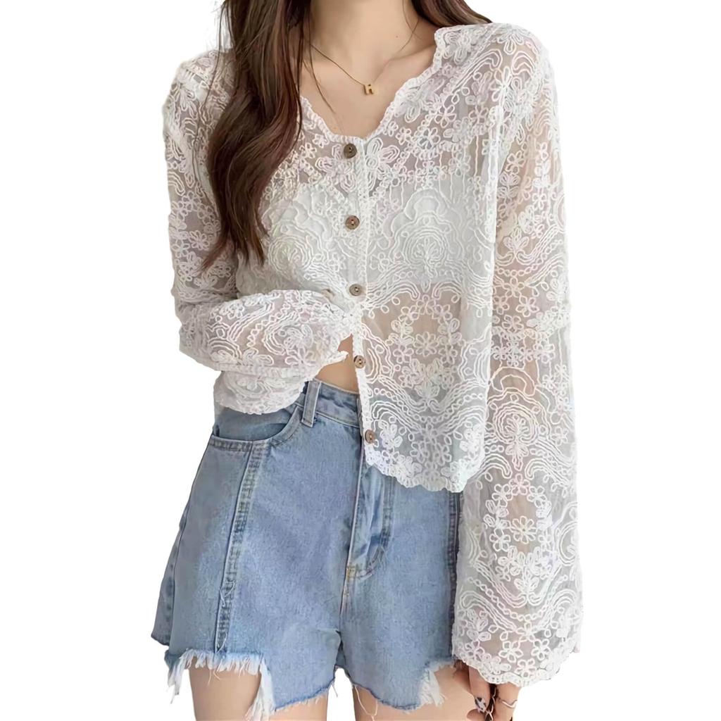 Lace Shirt UV Air Conditioning Sheer Floral Long Openwork Perfect for and Outings [fourfivesix Haru] Women's Blouse, Protection, Protection, Top,
