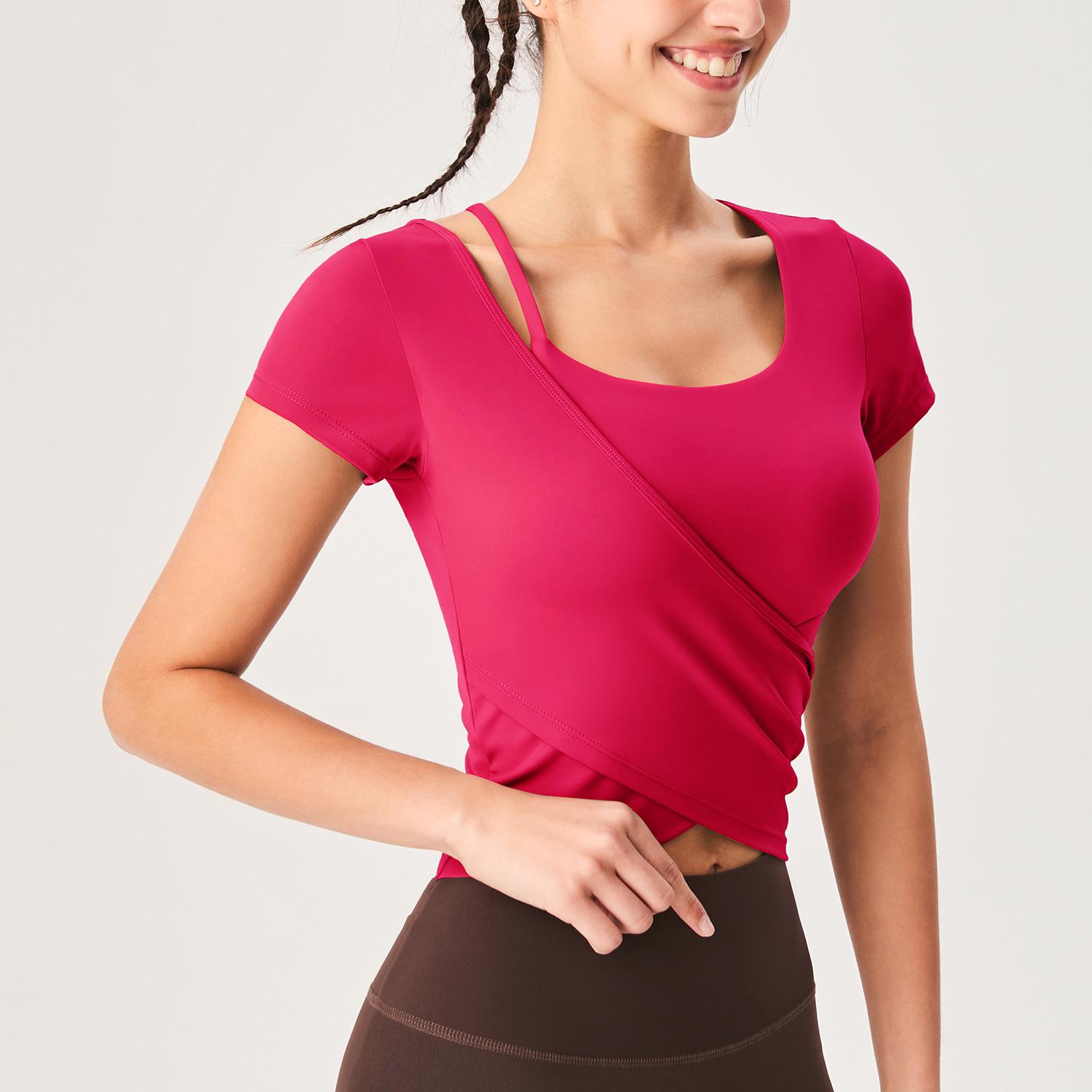 

Women s Yoga Tight-Fit Sports T-Shirt - Square Neck, Spaghetti Straps, Short Sleeve, High-Elastic Slimming Fitness Top Medium