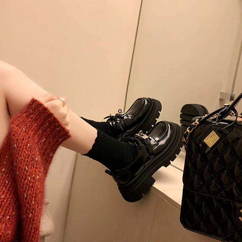 Whole Cowhide~ Grape Mother British Style Lace-up Single Shoes Thick Heel Platform Muffin Loafer Small Leather Shoes Breathable