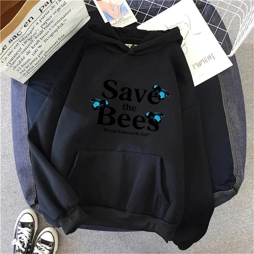 Hip Hop Cartoon Save the Bees Printed Women Hoodies Fashion Fleece Men Hoody Pullover Unisex Y2k Female Sweatshirts Clothing