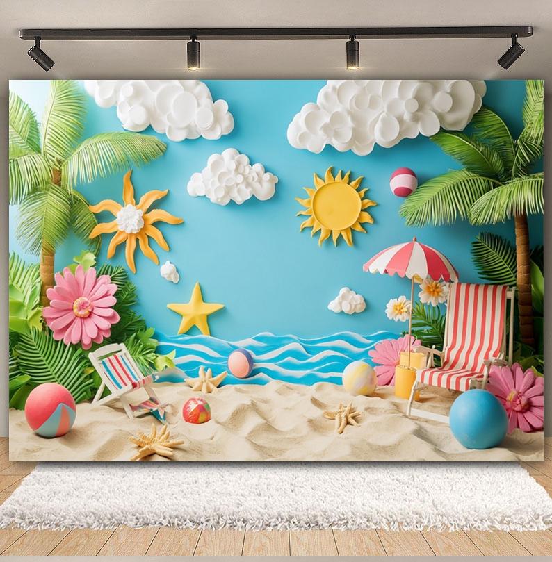 Summer Beach Backdrop Hawaii Tropical Seaside Sunshine Blue Sky Palm Tree Baby Birthday Holiday Party Photography Background