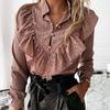 Spring and Autumn Women's Pullover Polo Solid Dot Contrast Ruffle Button Shirring Lantern Long Sleeve T-shirt Underlay Tops