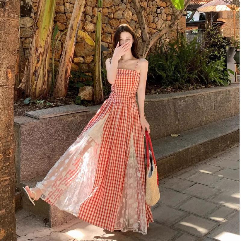 

Holiday plaid lace splicing tube top dress summer temperament waist new thin retro dress 2XL