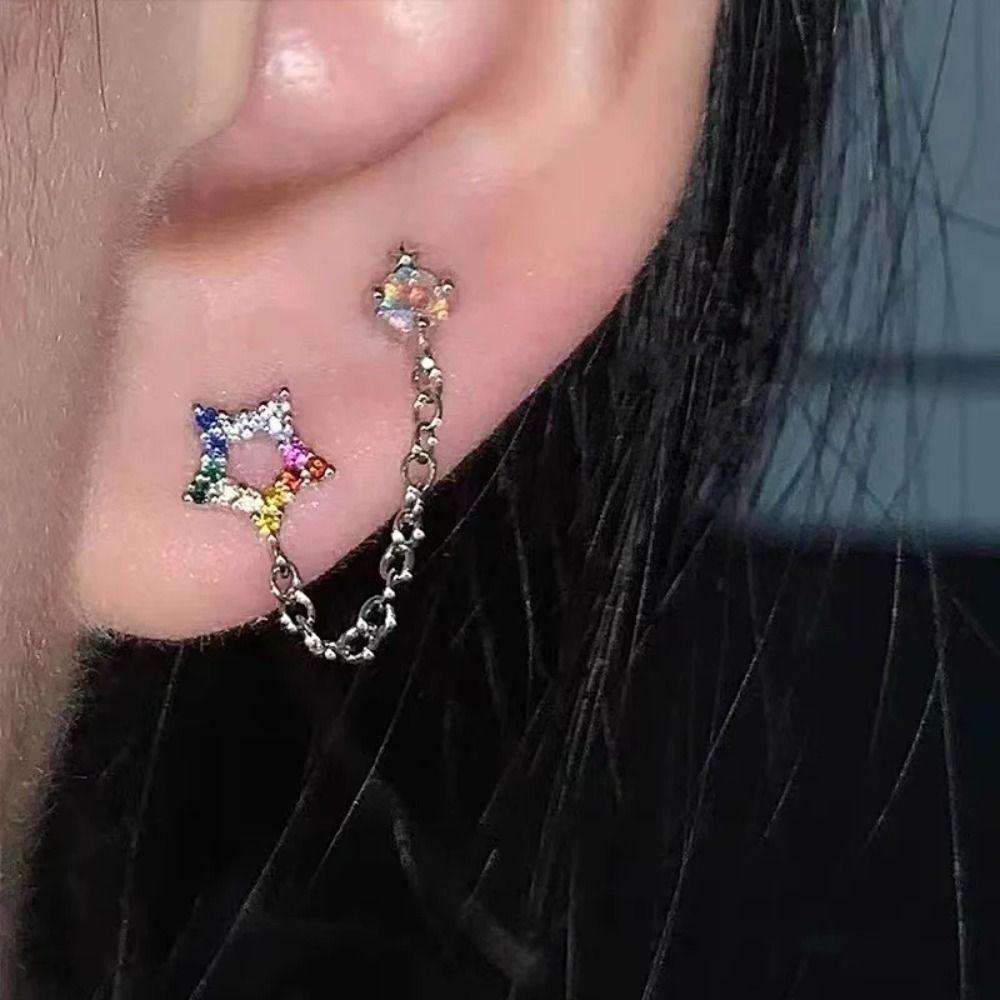 Silver Color Ear Bone Nail Earrings Stainless Steel Cartilage Earrings Chain Earrings  Jewelry Gift