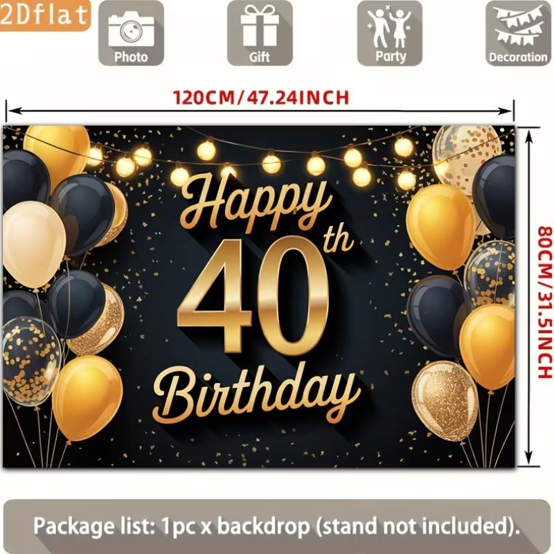 2D Adult 40th Birthday Backdrop Black Gold Themed Photography Banner