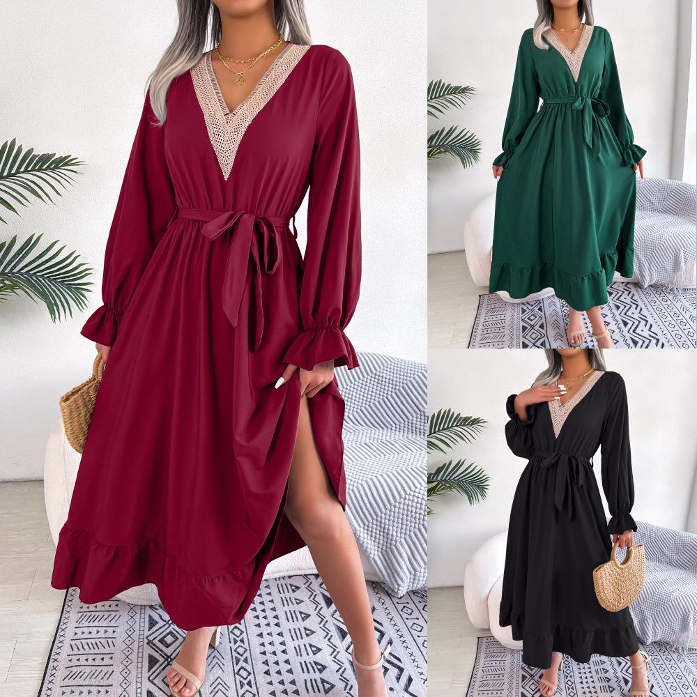 Autumn and Winter Temperament V-neck Lace Waist Ruffled Long Skirt