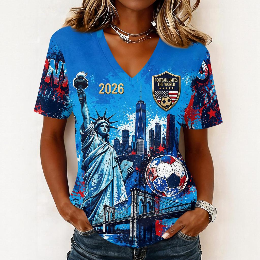Women's Casual Short Sleeve V-Neck T-Shirt with Soccer Flag Print for Day Fan Wear