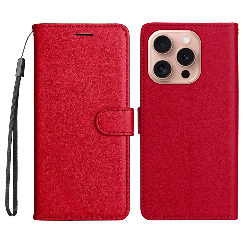 

For iPhone 16 Pro Protective Case Solid Color Leather Mobile Cover Wallet Stand with Strap Red