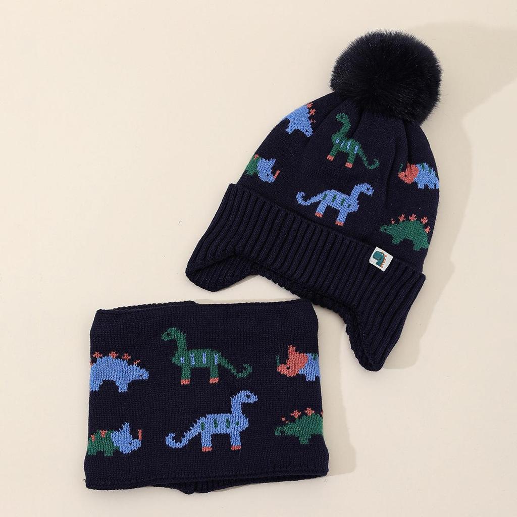 Cartoon Dinosaurier Woll-Pompon-Mütze & Schal Set: Verdicktes Strickmaterial für Herbst/Winter, Ohrenschützende Wärme