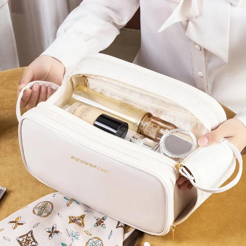 Portable Women's Makeup Bag PU Leather Luxury Cosmetics Storage Organizer Travel Essentials Double Zipper Toiletries Bag