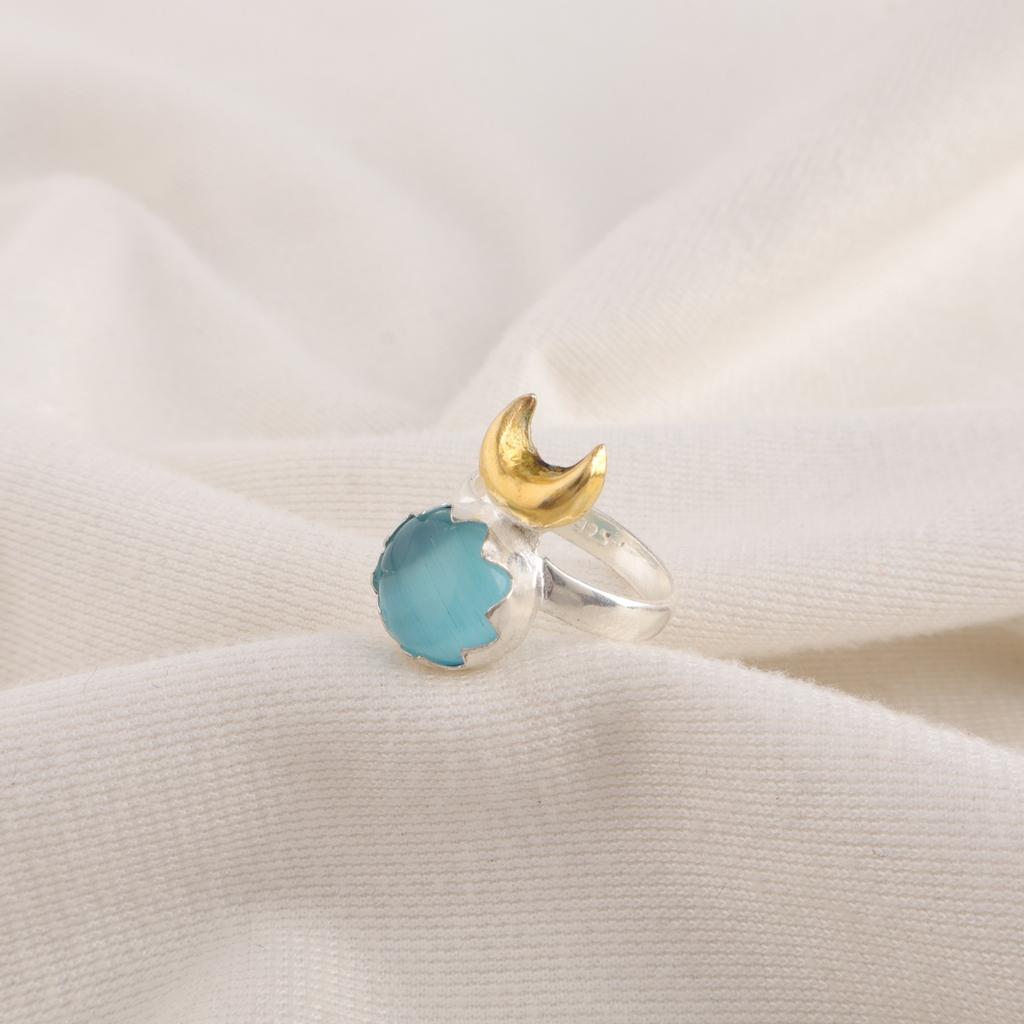 Round Blue Cat's Eye Stone Sterling Silver Cocktail Handcrafted Mother Gift Ring RR-58-48