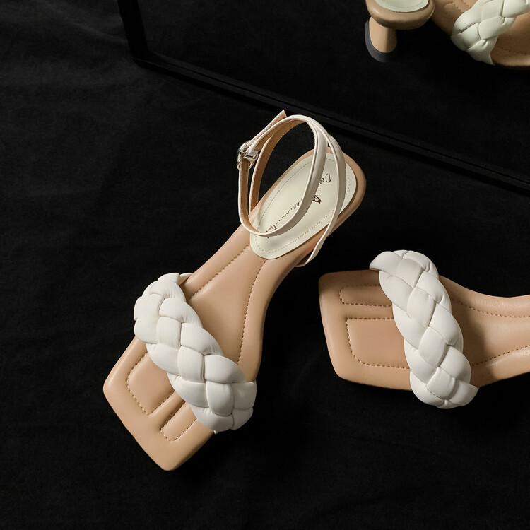 2025 summer new twist woven sandals women's high heel square head French retro word with buckle fashion women's shoes