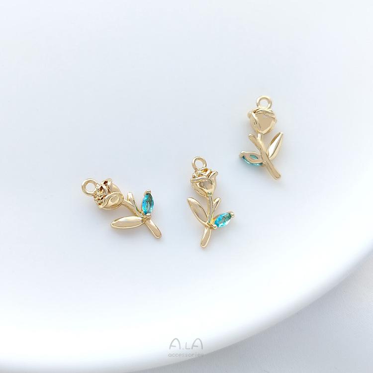 14K Gold-Filled Zircon Rose Pendant: Handmade Branch & Leaf Charm for DIY Jewelry