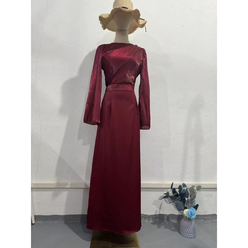 

Fashion Wind Sexy Waist Trimming Bodycon Dress Long Sleeves Ruched Dress round Neck Slim Fit Dress Dark red L