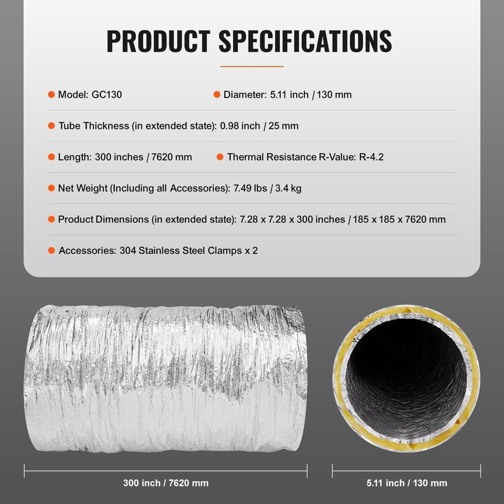 Dryer Vent Hose, 127MM Insulated Flexible Duct 7.62M Long with 2 Duct Clamps, Heavy-Duty Three Layer Protection for HVAC Heating Cooling Ventilation