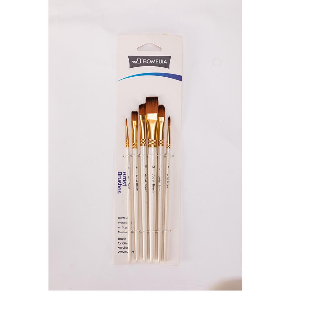 Six-Piece Nylon Hair Paintbrush Set with Pointed and Flat Heads for Acrylic, Watercolor, and Oil Painting - Pearlescent White