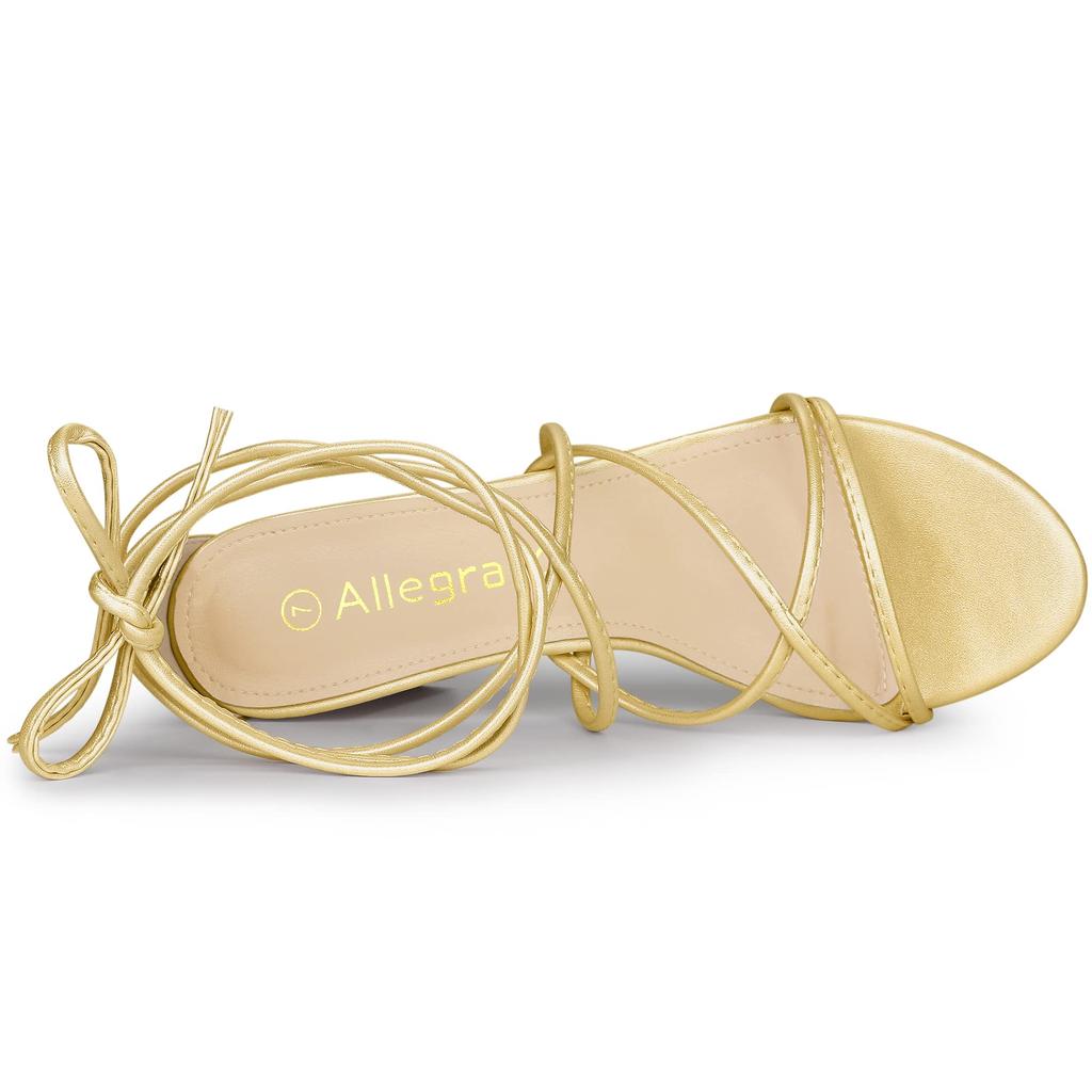 Allegra K Women's Lace-Up Sandals with Straps and Chunky Heels, Gold, Size 25.0cm