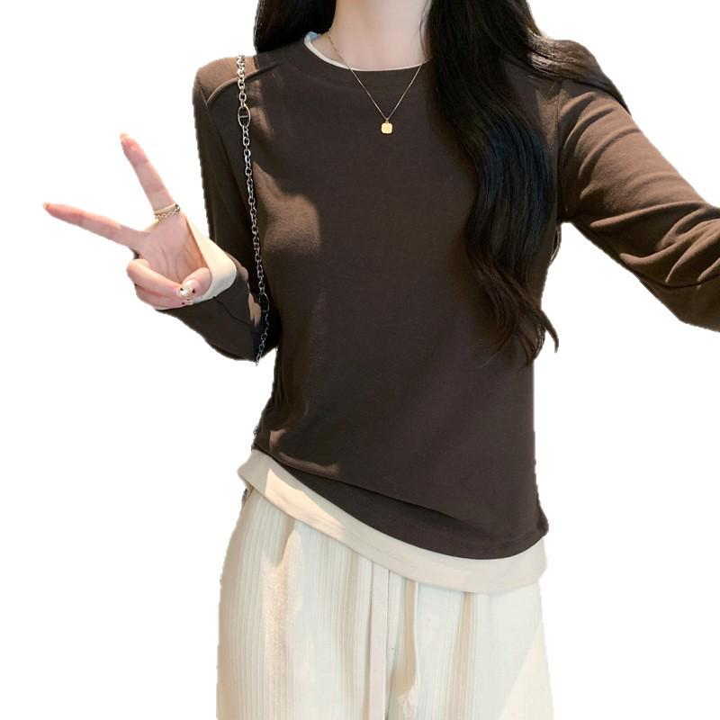 2026 Spring Women's Slim Fit Round Neck Color Block Long Sleeve Fake Two-Piece Layered T-shirt