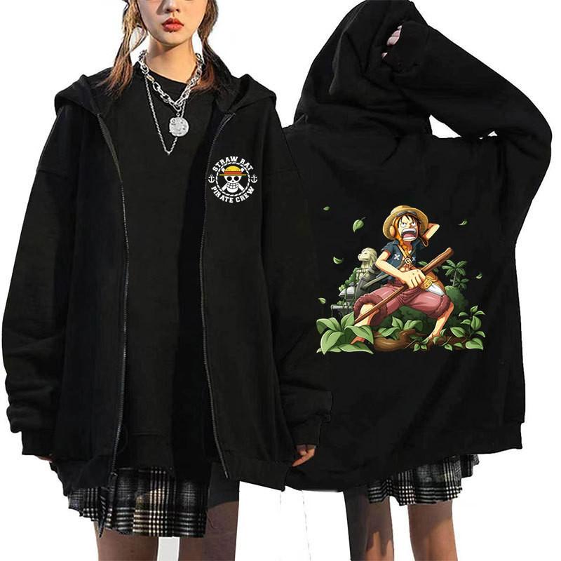 Mens Oversized Hooded Zip-Up Sweatshirt With One Piece Anime Print Plus Size Fleece-Lined Casual Jacket Fall