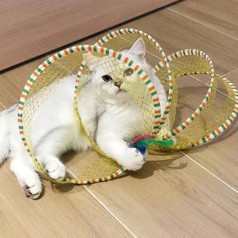 

S-Shape Cat Tunnel Toy, Wire Mesh & Gauze Patchwork Design, Foldable With Sound Effect, Suitable For Indoor Family Entertainment & Stress Relief жовтий