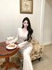 French Lace Knot V-Neck Dress: Women's Autumn/Winter Elegant Style, Patchwork Waist-Cinched Gown with Mermaid Skirt
