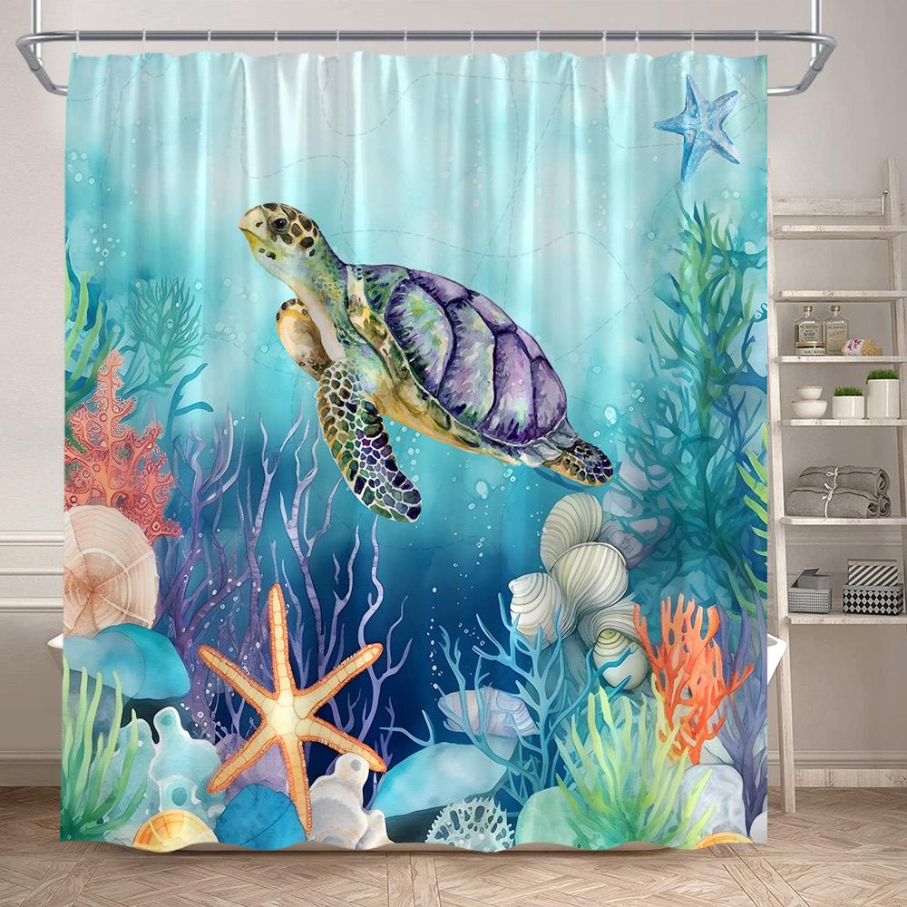 Sea Turtle Shower Curtains Funny Ocean Animals Coral Underwater Scenery Bath Curtain Polyester Fabric Bathroom Decor With Hooks