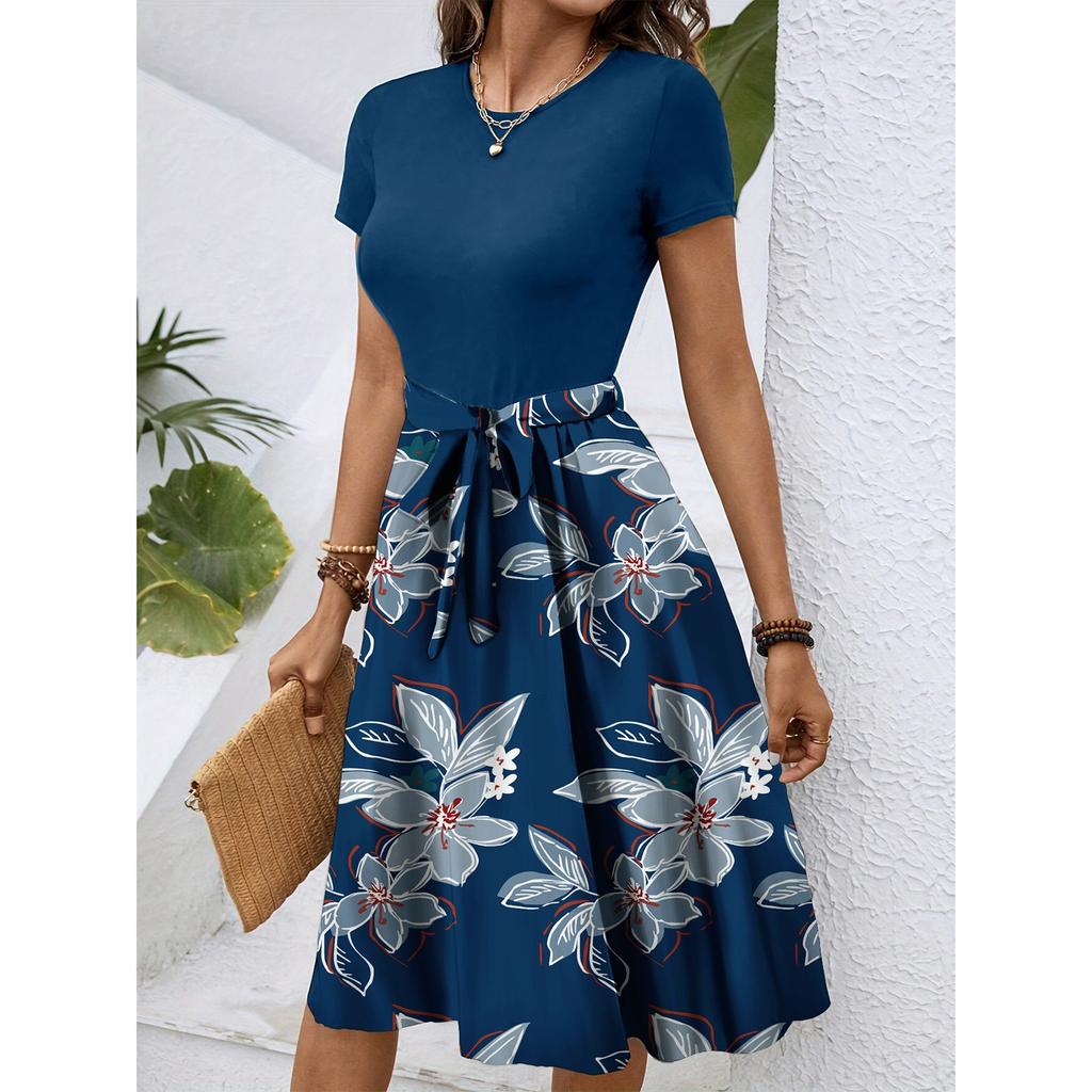 Kadın Modası Şık Retro Desenli Baskı Renk Bloklu Kemerli Günlük Elbise