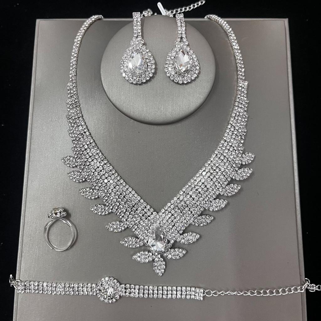 Water Drop Necklace Set Bridal Jewelry Rhinestone Jewelry Four-Piece Set