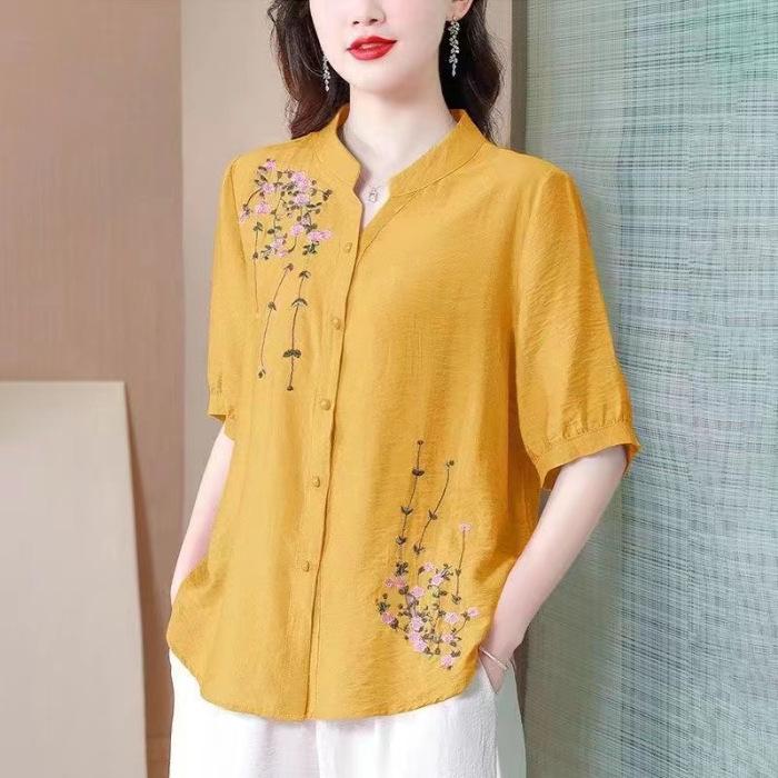 Fashion Embroidered Short Sleeved Cotton Linen Top Women's Summer Shirts New Loose Cardigan Blouse Mother V-Neck Shirt Blaus 4XL