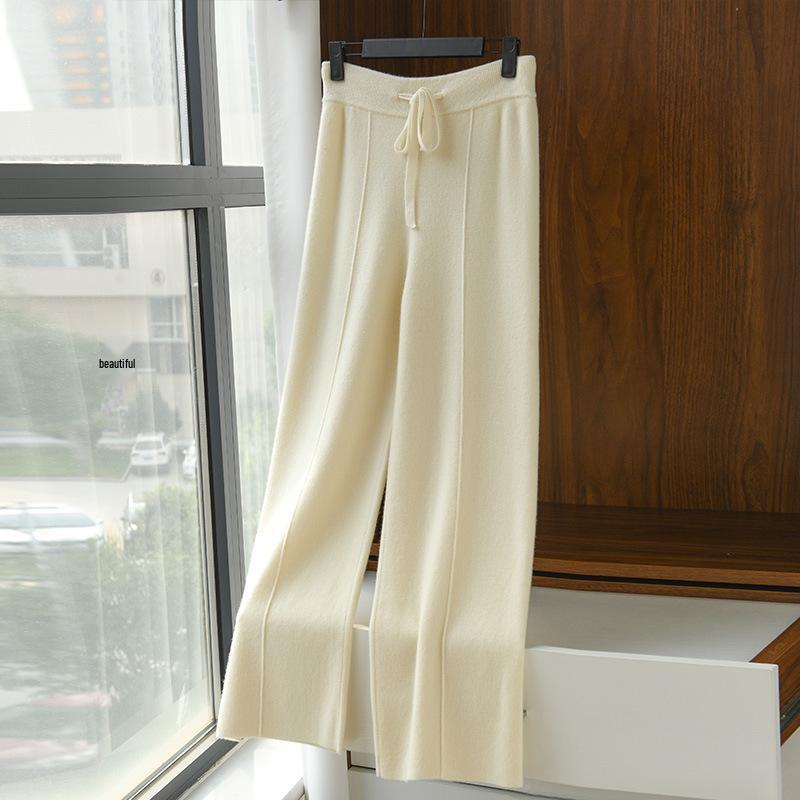 Autumn/Winter Women's High Waist Knitted Wide-Leg Pants - Solid Color, Korean Style
