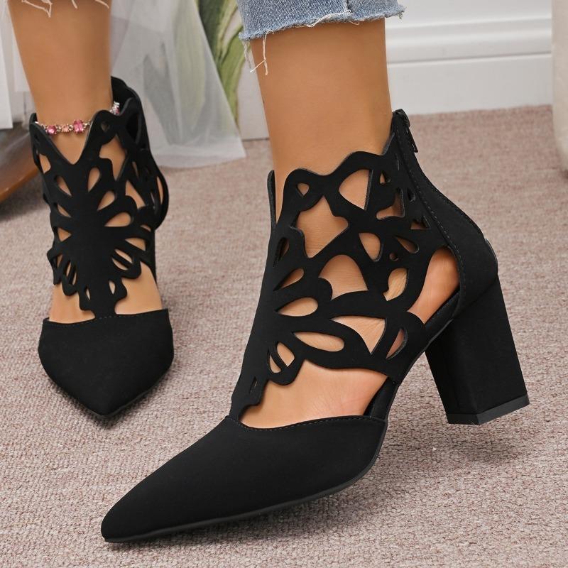 Summer new thick heel high heels women's fashion hollow zipper pointed sandals women's summer bag head cool boots