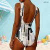 Women Plus Size Geometric Printed High Round Neck Sleeveless One Piece Swimsuit