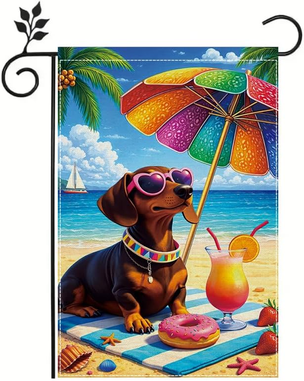 Summer Dog Garden Ag 12x18 Inch, Cute Dachshund Beach Garden Ag, Tropical Summer Outdoor Decorative Yard Ag for Lawn P