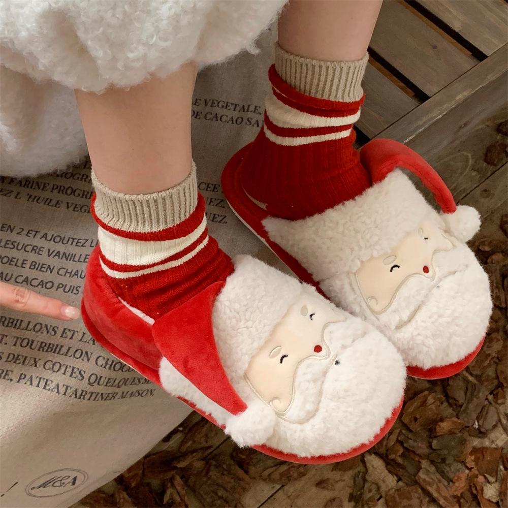 Couple Christmas Plush Slippers Women's Winter Indoor Slippers, Cute Santa Pattern Men's Warm Home Shoes