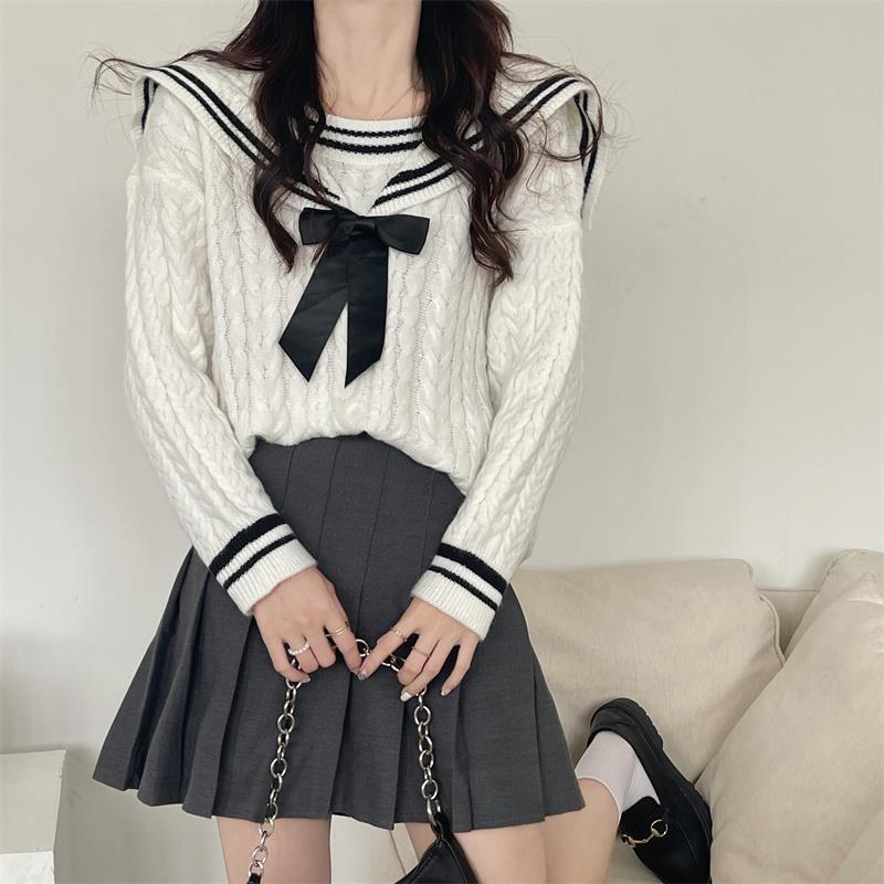 

Свободный матросский костюм jk с бантом, в стиле колледжа, темно-синий свитер с воротником, женский осенне-зимний свободный ленивый стиль, повседневная одежда, тренд 48-73 (average size) белый