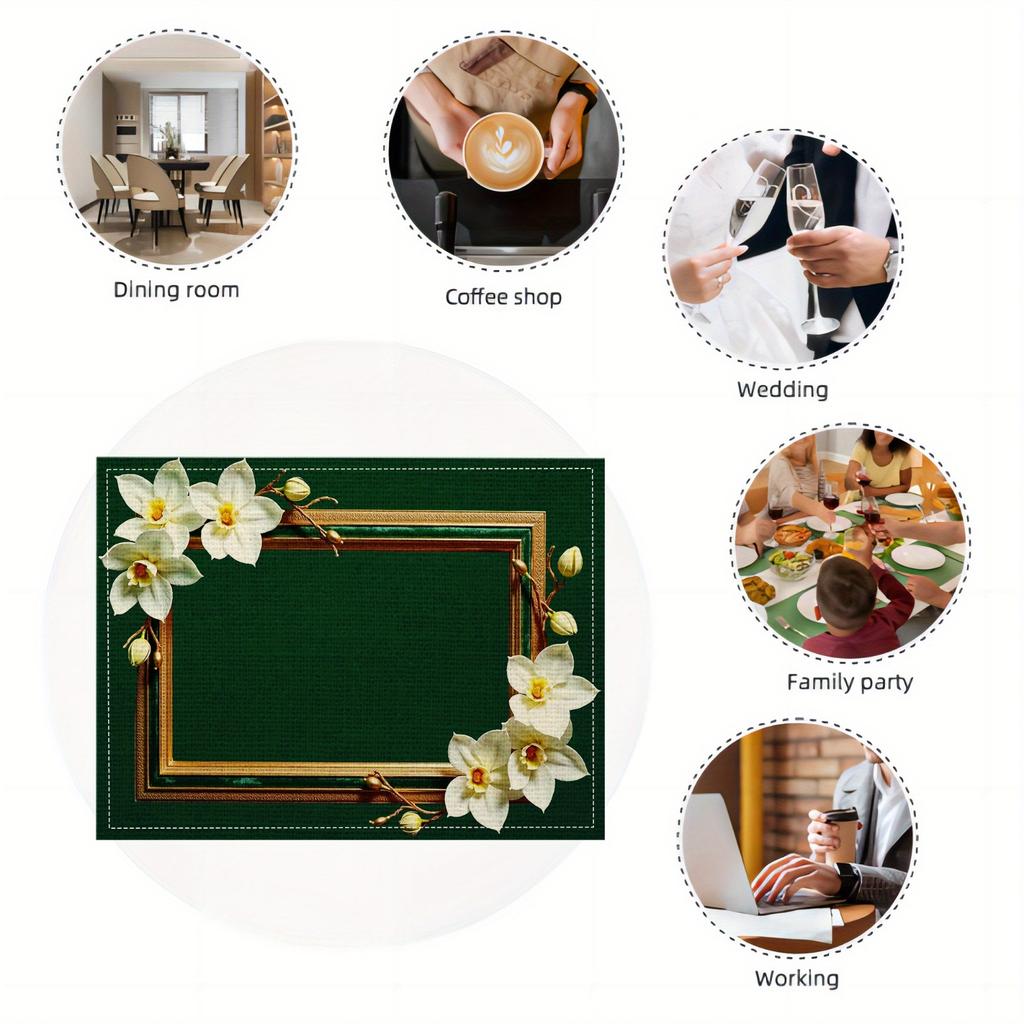 Minimalistische Dekorations-Tischsets, Tischsets und Untersetzer mit grünem Hintergrund und goldgerahmtem Orchideenmuster in einer rechteckigen Materialserie, Geeignet