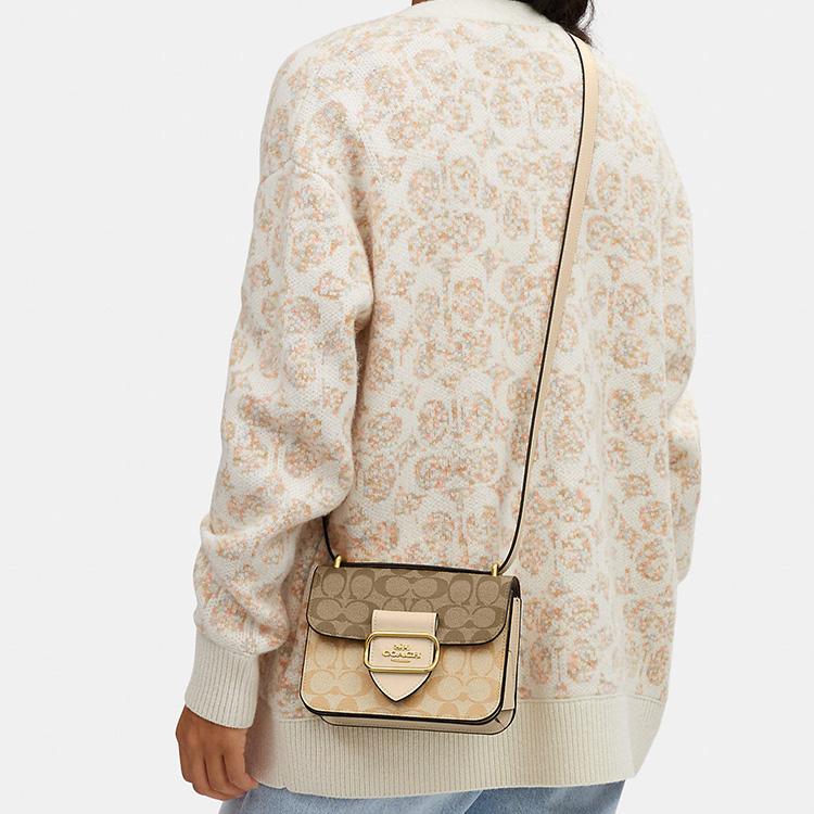 Coach Morgan 18 Gold Logo Classic Monogram Flap Canvas And Leather Square Crossbody Shoulder Bag Small Women bags Beige Brown CL429-IMOT4