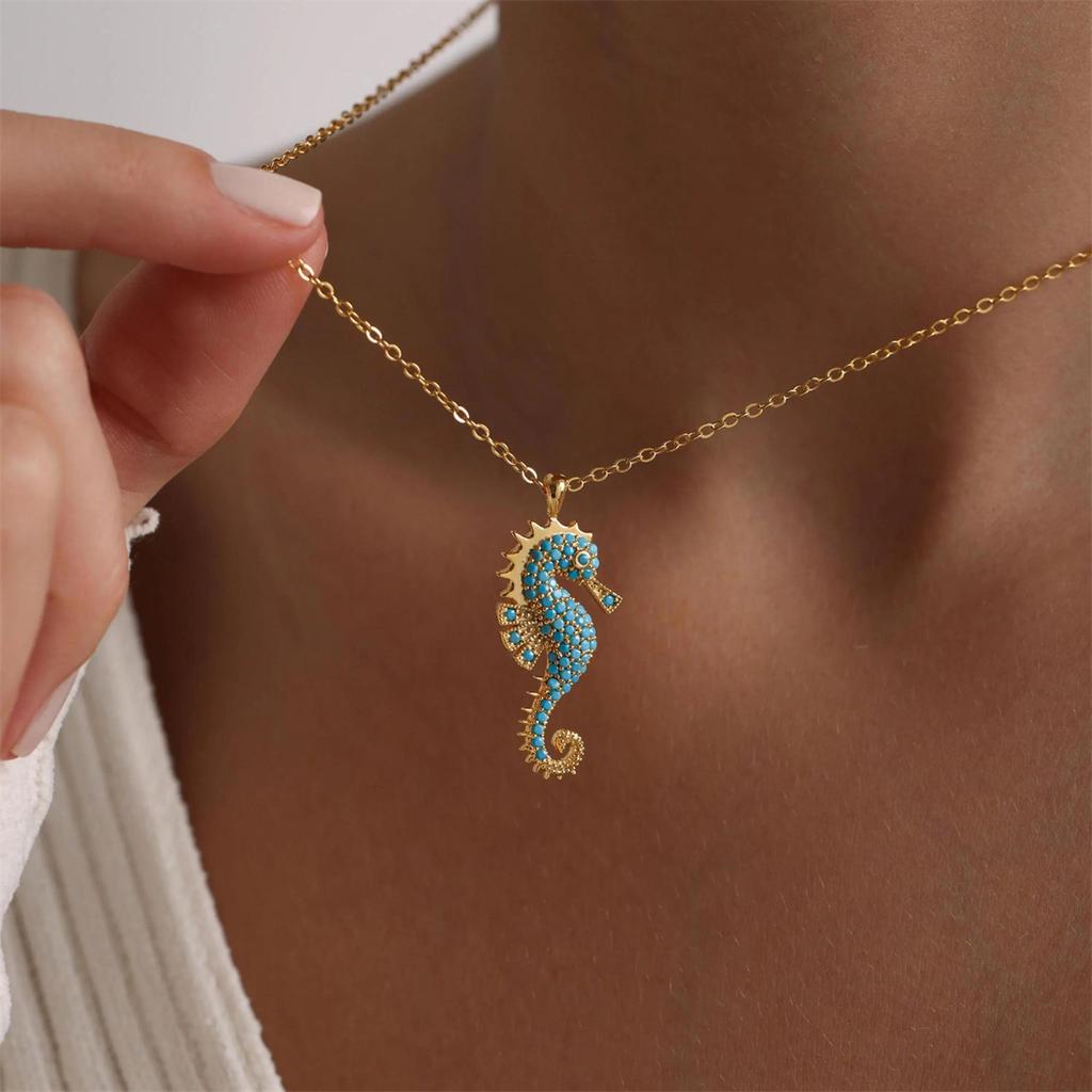 Seahorse Pendant Necklace | Gold Plated Stainless Steel with Zircon Inlay, Jewelry for Women