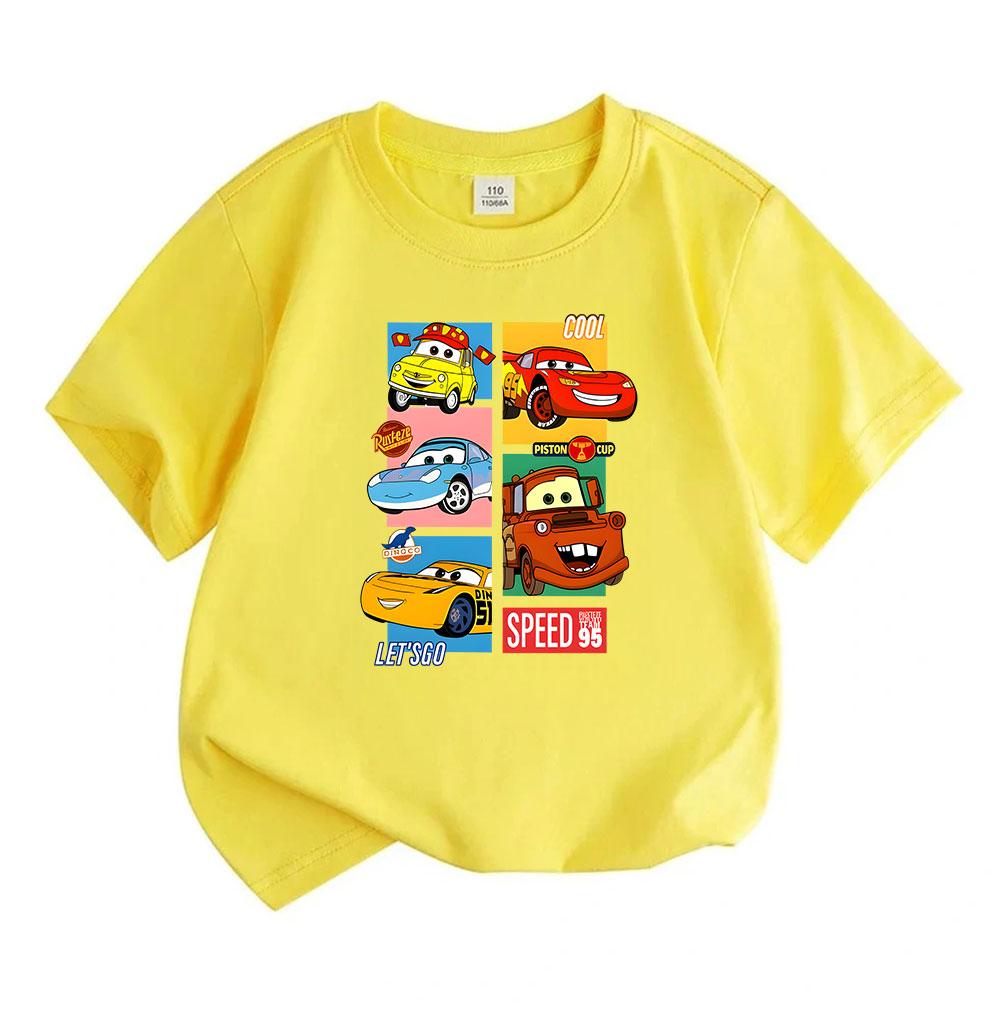 Kids Boys Girls 100% Cotton Crew Neck Short Sleeve T-shirt, Cute Cartoon Racing Car Print Casual Summer Tee Tops, Comfortable Lightweight Breathable D